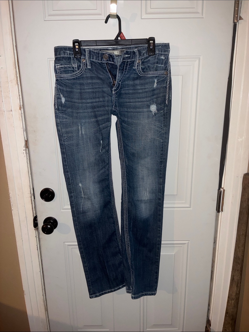 BKE Women's Distressed Dark Blue Straight Leg Jeans